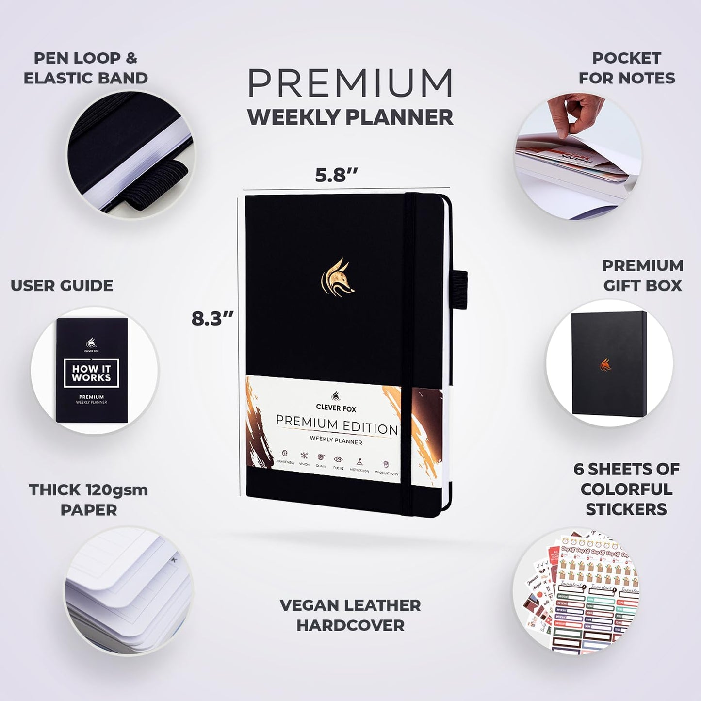 Clever Fox Planner Premium Edition – Undated Luxurious Weekly & Monthly Planner to Increase Productivity and Hit Your Goals – Organizer – Start Anytime, A5, Lasts 1 Year, Black (Weekly)