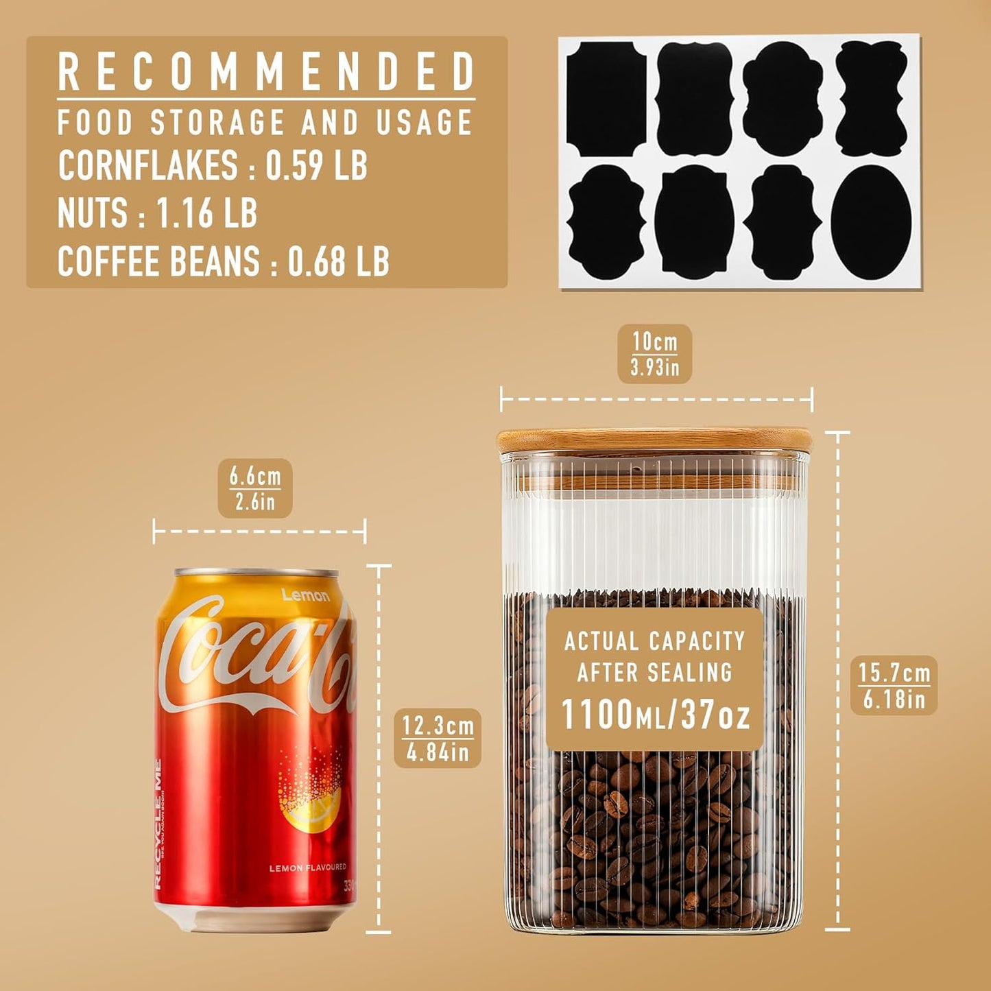 37oz Airtight Glass Square Storage Canisters with Bamboo Lids Set of 6 (1100ml) Striped Stackable Containers, Kitchen Jars for Pantry Noodles, Flour and Coffee beans (‎with Black Lable)