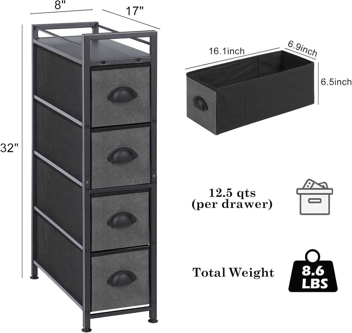 HAITRAL Narrow Dresser - 4 Drawers Slim Fabric Storage Cabinet - Vertical Standing Storage Chest - Gaps Tower Organizer with Removable Drawers and Wooden top for Laundry,Closet,Living Room,Entryway