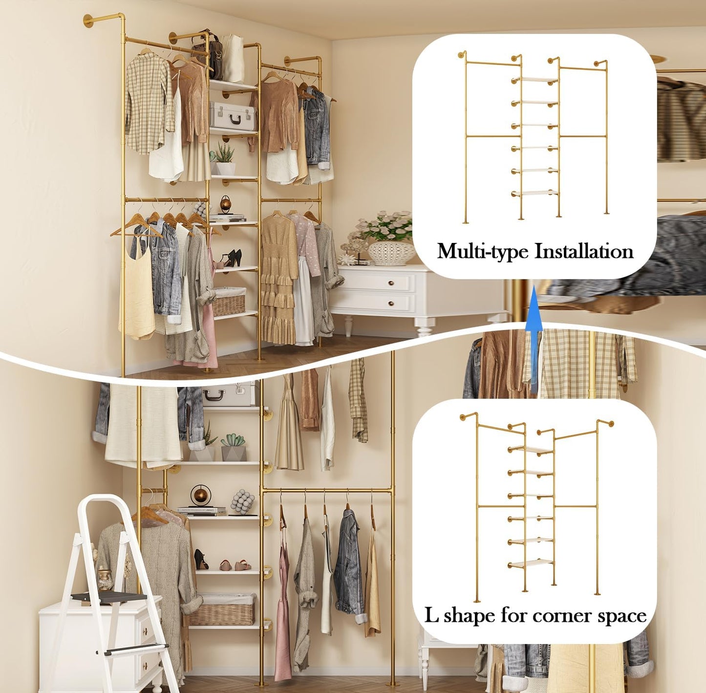 Industrial Pipe Clothes Rack, DÉCOR Wall Mounted Clothing Rack, for Walk-in Wardrobe Multi-Purpose Storage Clothes Hanging Shelf, 2 Installation Methods Gold