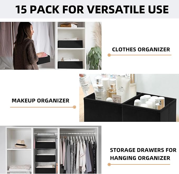 Criusia Closet Drawer Organizer Clothes, 15 Pack Dresser Organizer for Baby Clothes, Fabric Drawer Dividers for Nursery Bedroom (Black)