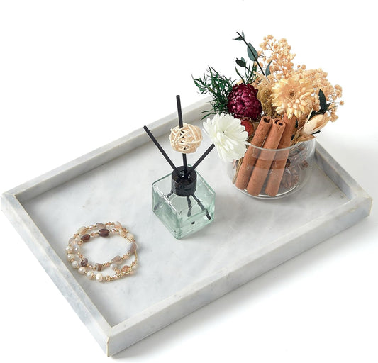 Marble Bathroom Tray,Pure Natural Marble Vanity Tray,Marble Tray for Kitchen Counter Non-Ceramic/Non-Resin,Stone Tray 12 x 8 inch (White)