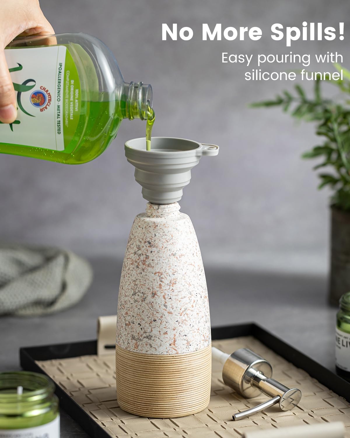 Soap Dispenser Set for Shower, Ceramic Refillable Soap Bottle for Shampoo, Conditioner, Bathroom & Kitchen with Silicone Funnel and 2 Pumps for Thanksgiving, Christmas, Granite Peach Blossom, 12 oz