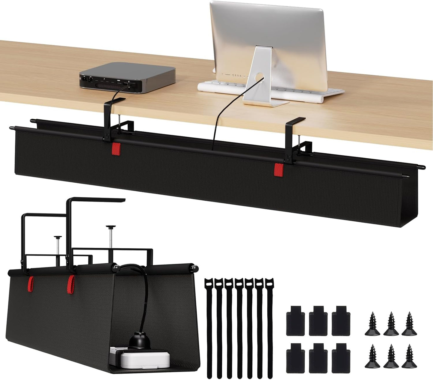 Under Desk Cable Management Tray - 48" Cord Organizer for Desk No Drill, Fabric Under Table Wire Organizer with 16X Cable Ties Hide for Office/Home, Cord Hider Fits Adapters & Sockets, Black