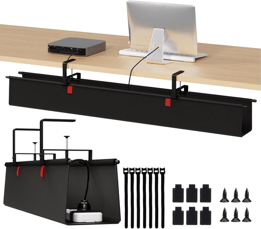 Under Desk Cable Management Tray - 48" Cord Organizer for Desk No Drill, Fabric Under Table Wire Organizer with 16X Cable Ties Hide for Office/Home, Cord Hider Fits Adapters & Sockets, Black
