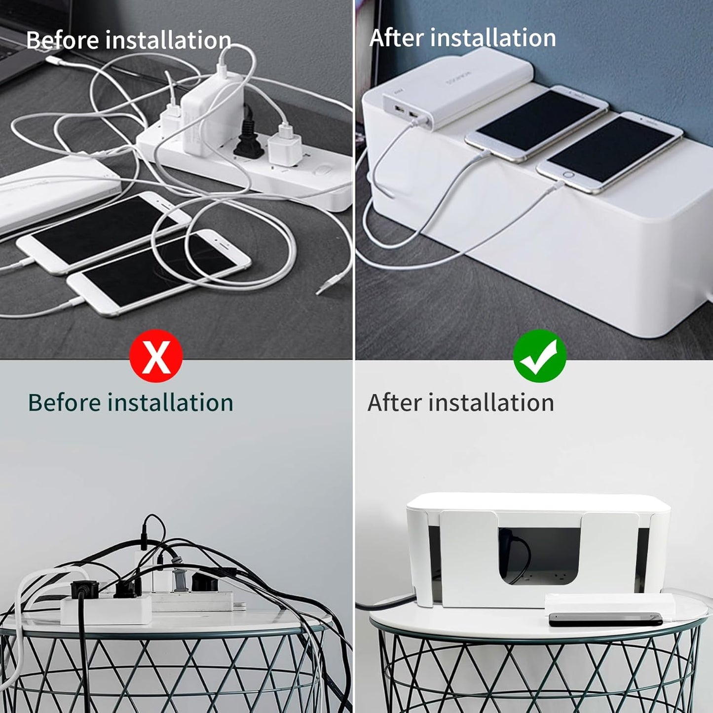 Cord Organizer Box, Cable Hider for Power Strips, Surge Protector, Extension Cord and Wire Management, Cable Management Box (2PCS/Large and Medium Size/White)