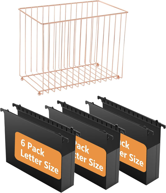 Hanging rose gold file manager, equipped with 6 letter sized plastic organ folders, file baskets, file boxes, storage boxes, office and study supplies, black
