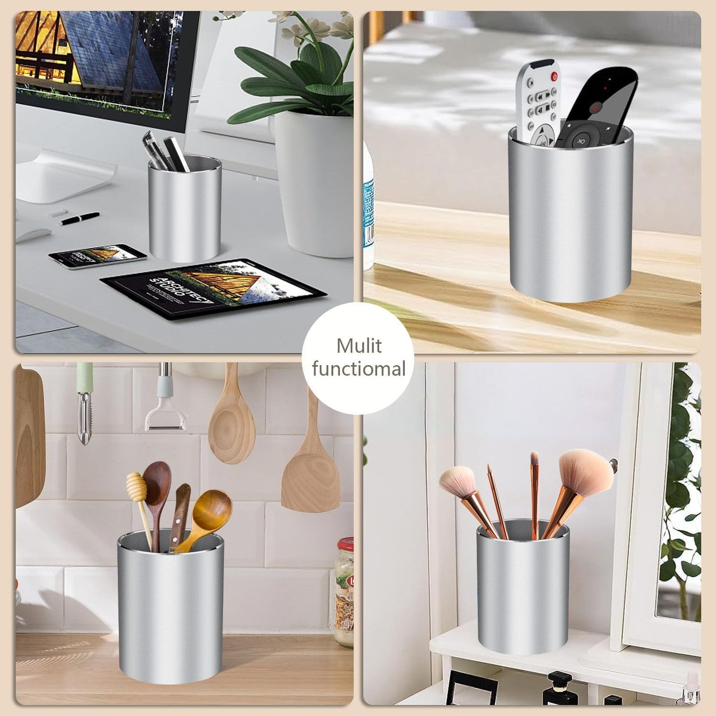 Pen holder, aluminum alloy waterproof pen holder, desktop simple and modern minimalist, multifunctional office supplies for families, kids and schools silver