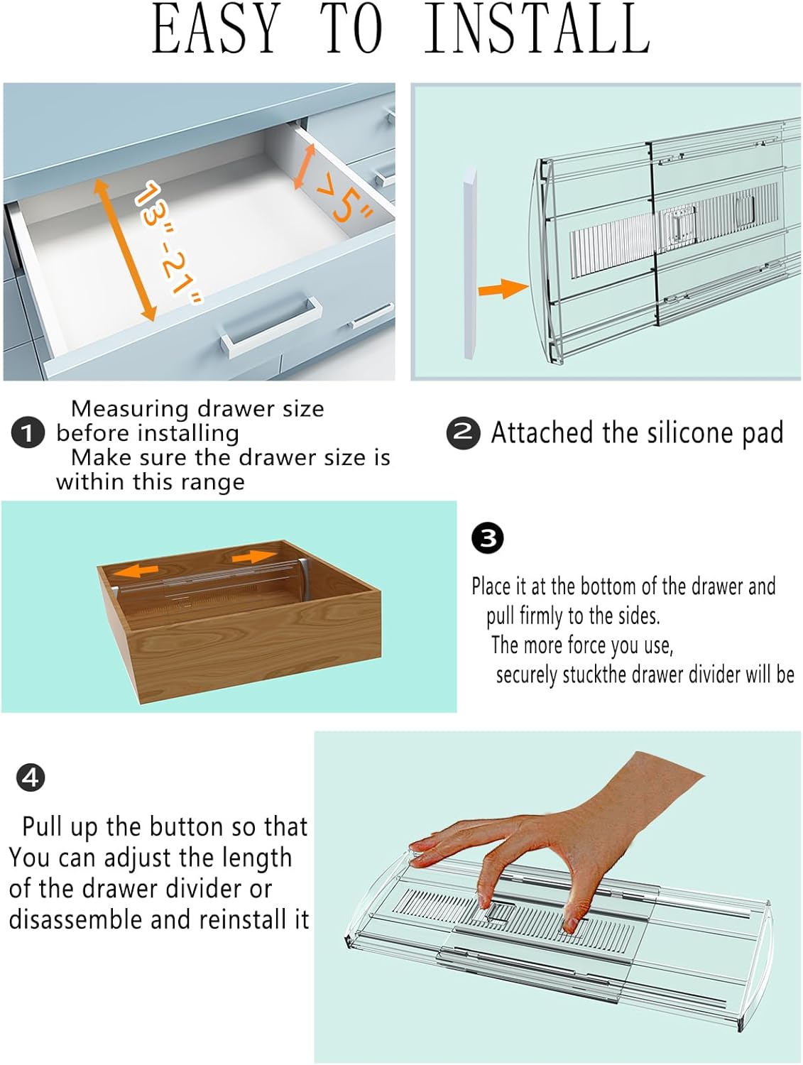 8 Pack Adjustable Drawer Dividers for Clothes,5" High Expandable From 13-21" Clear Drawer Organizers, PC Plastic Separators for Dresser/Bedroom/Bathroom/Kitchen/Office Storage