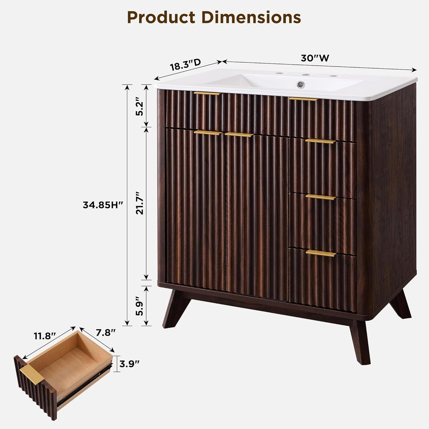 T4TREAM 30" Fluted Bathroom Vanity with Ceramic Sink Combo，Freestanding Modern Bathroom Storage Vanity Cabinet with 2 Soft Closing Doors & 3 Drawers，Wood Grain Texture，Metal Handle，Dark Walnut
