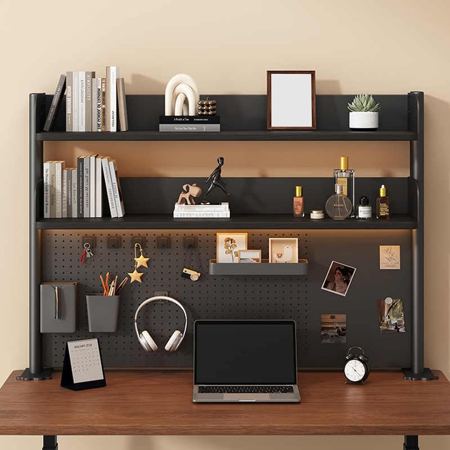 Clamp on Desk Shelf with Pegboard, Black Desktop Bookshelf Organizer Storage Shelves for Home Office Dorm Gaming Desk, Space Saving Tabletop Display Rack Organization (Black, 23.6in)