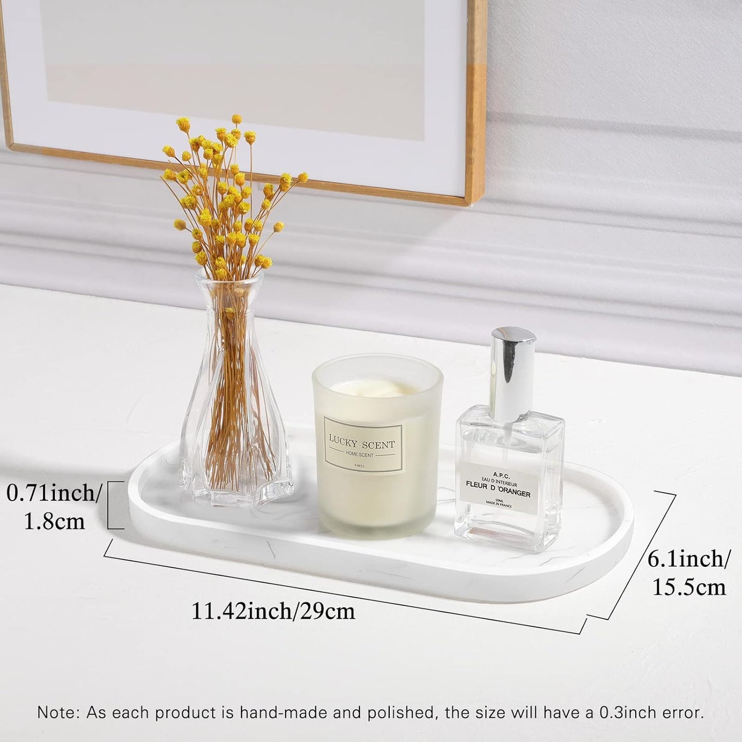 Luxspire Bathroom Vanity Tray, Handmade Resin Kitchen Sink Tray, Oval Toilet Tank Tray, Bathroom Countertop Organizer Tray for Jewelry/Perfume/Soap Dispenser/Hand Towel - 11.4 Inch, White Marble