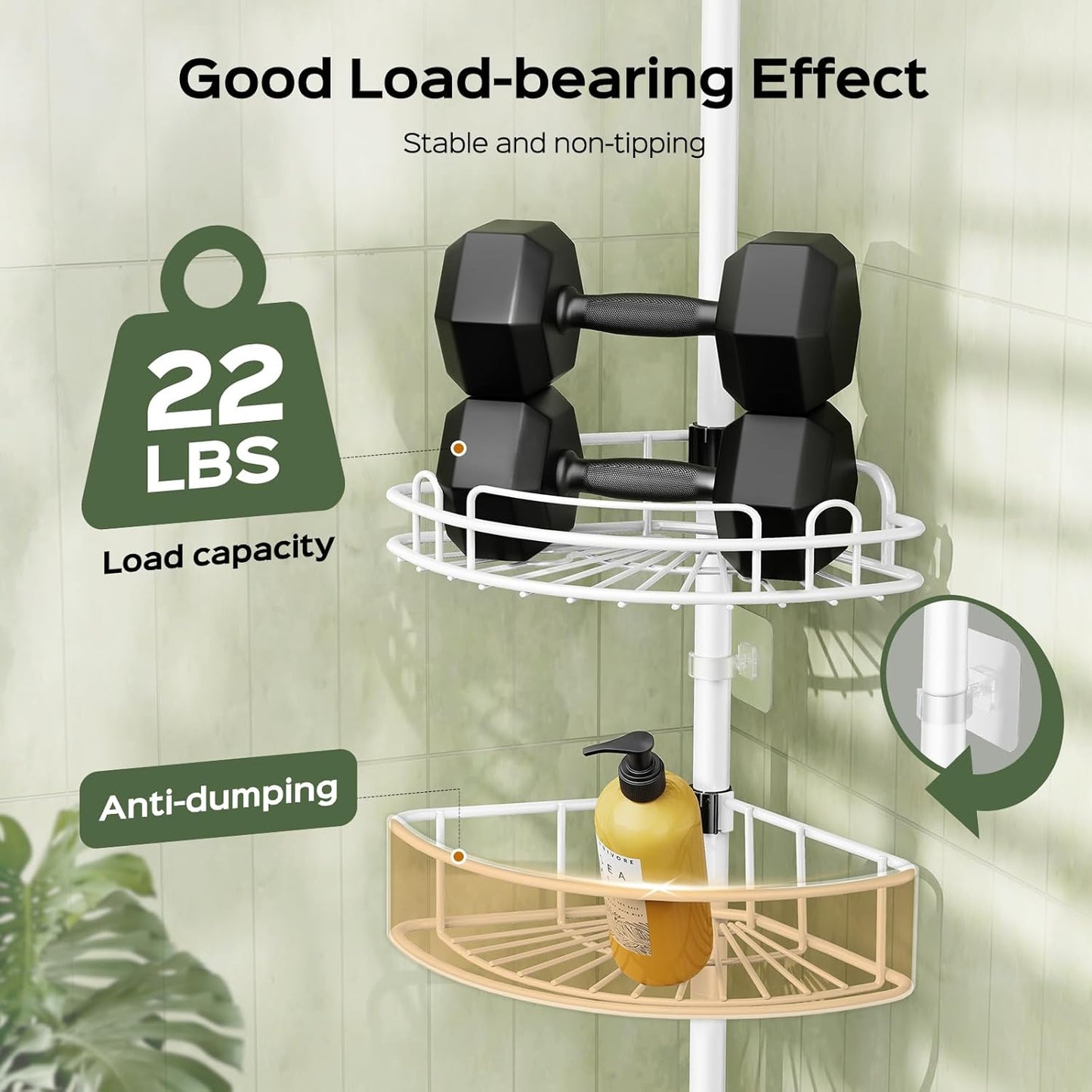 HAMITOR Corner Shower Caddy Tension Pole: Rustproof Bathroom Organizer Shelves for Bathtub Shampoo Accessories Storage Holder - 47-121 Inch Adjust - White