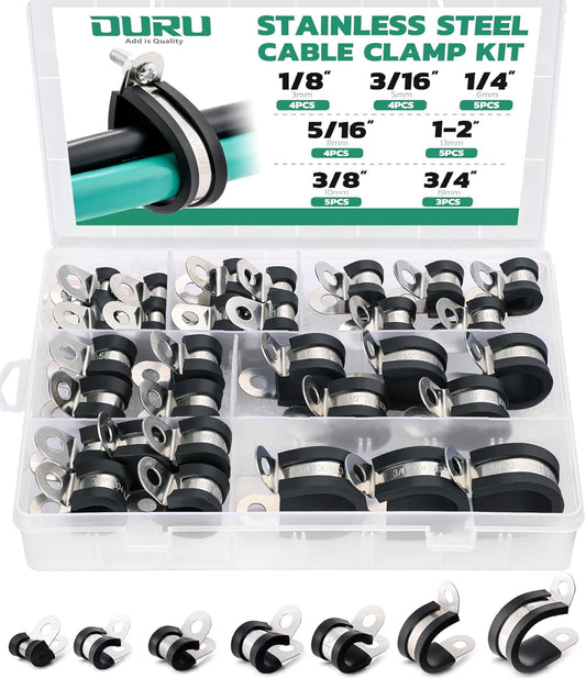 30PCS Cable Clamps Assortment Kit,7 Sizes—1/8" 3/16" 1/4" 5/16" 3/8" 1/2" 3/4" Stainless Steel Rubber Coated Cushioned Insulated Cable Clamp,Automotive Wire Pipe Clamps