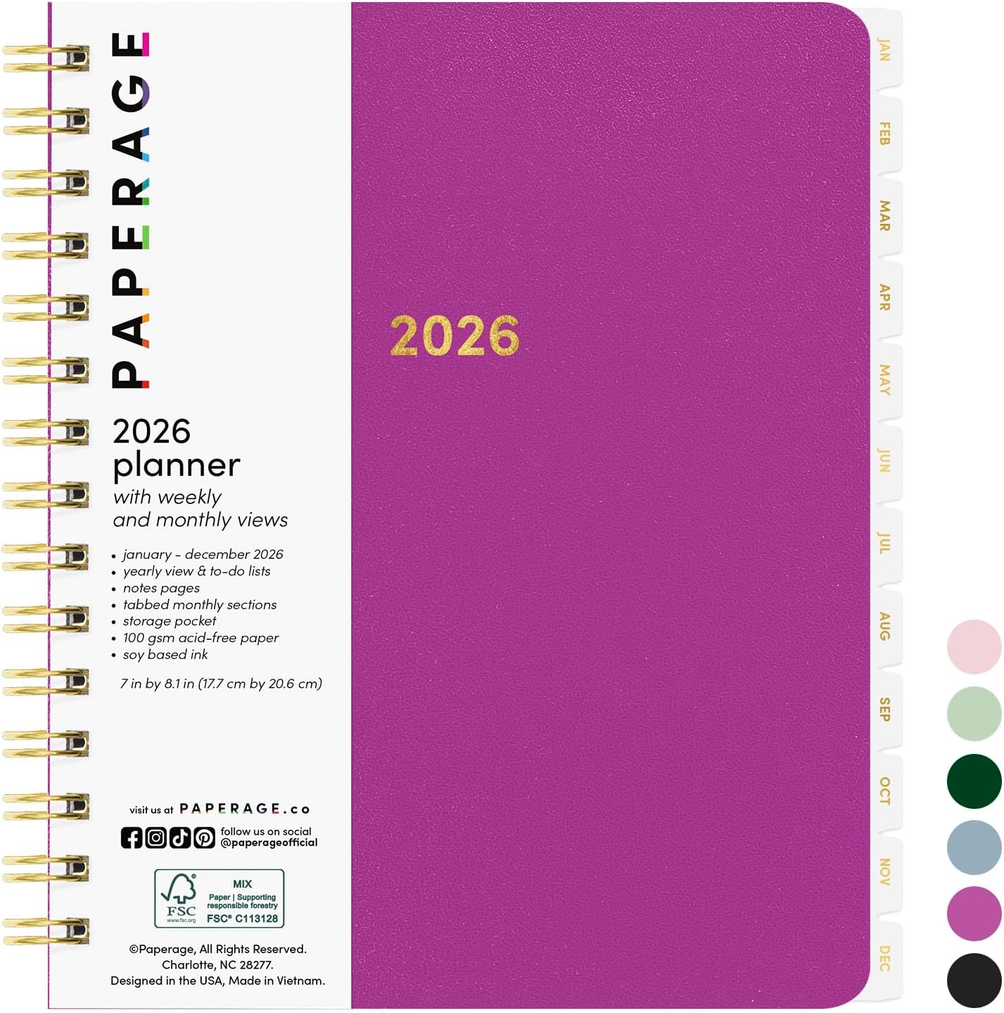 PAPERAGE 2026 Weekly & Monthly Planner, 12 Months (January 2026 - December 2026), 6.6 in x 8.1 in, Spiral Bound 2026 Planner with Weekly, Monthly & Yearly Views, Note Pages & Inner Pocket – Raspberry