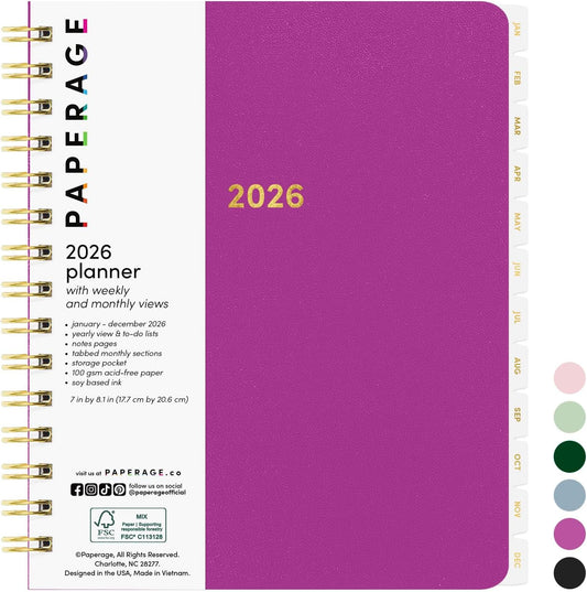 PAPERAGE 2026 Weekly & Monthly Planner, 12 Months (January 2026 - December 2026), 6.6 in x 8.1 in, Spiral Bound 2026 Planner with Weekly, Monthly & Yearly Views, Note Pages & Inner Pocket – Raspberry
