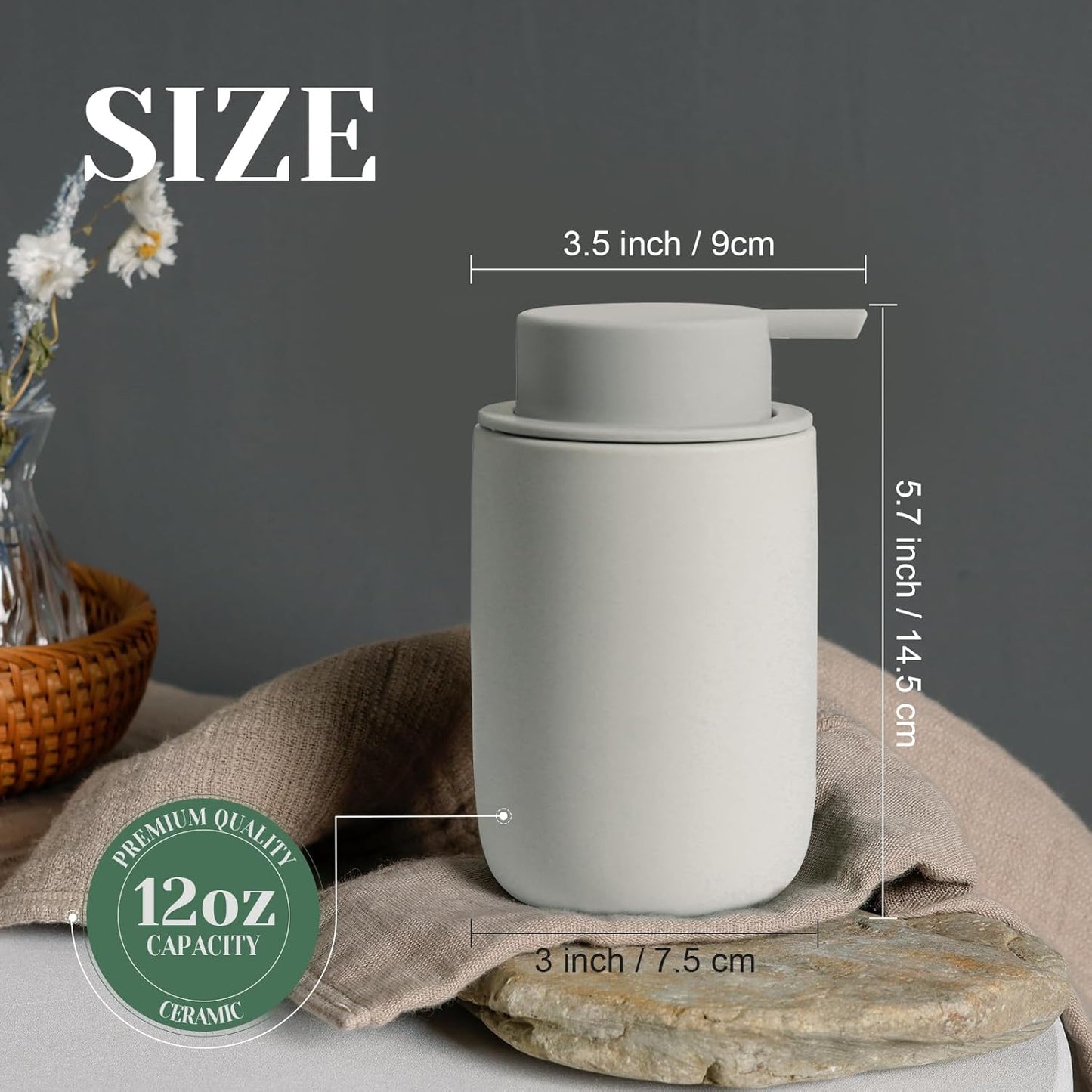 INGOFIN Ceramic Foaming Soap Dispenser Set, 2 Pack (12 oz) Bathroom Foam Hand Soap Dispenser with Pump, Hand and Dish Dispenser Set with 8 Pcs Clear Stickers,for Kitchen- Grey