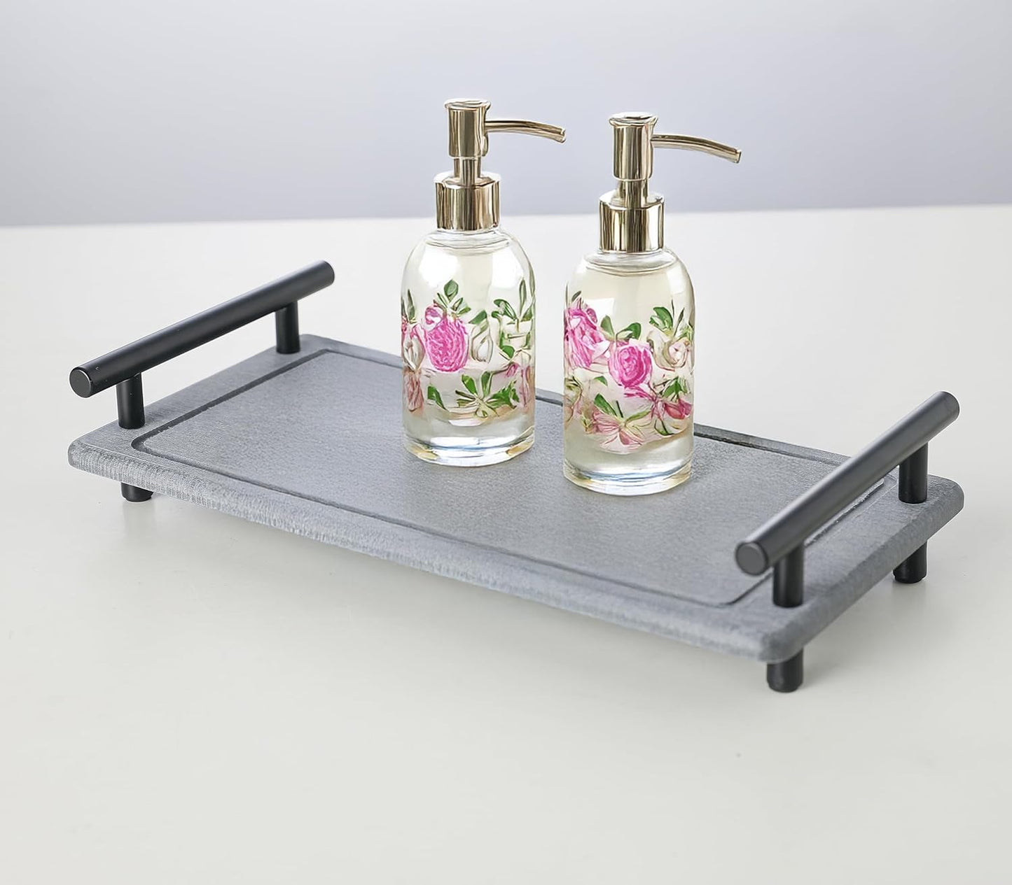 2Pcs Instant Dry Sink Caddy, Water Absorbent Diatomite Tray for Sink, Stone Drying Tray with Metal Handle, Keeping Kitchen and Bathroom Tidy and Clean (Dark Grey & Black Handle, Large & Small)