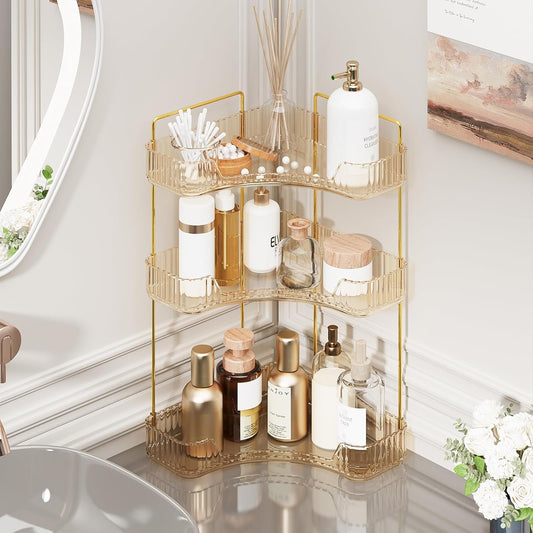 3-Tier Corner Bathroom Counter Organizer, Plastic Bathroom Organizer Countertop, Makeup Organizer for Vanity Perfume Tray Holder for Corner Storage, Amber