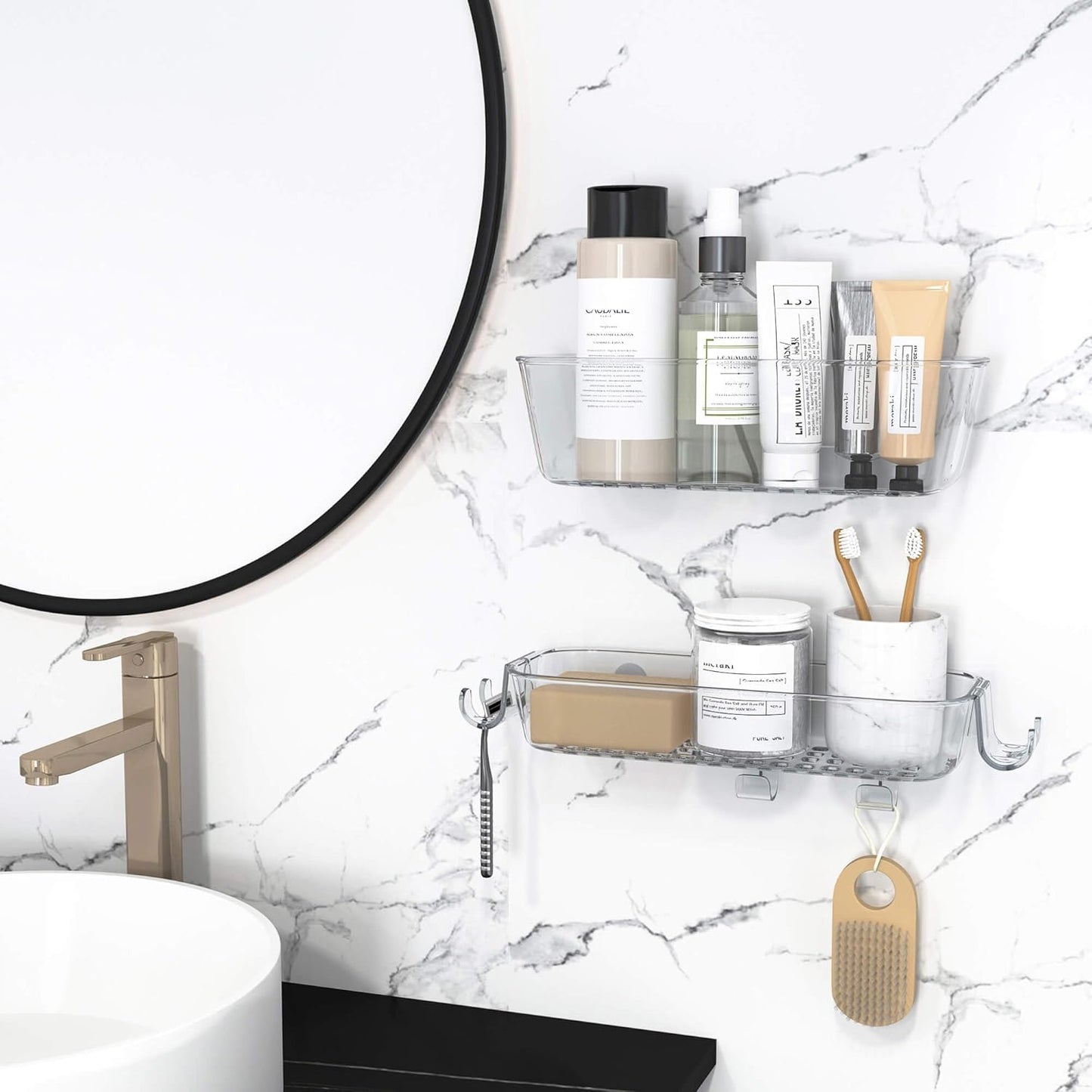 TZAMLI Clear Shower Caddy, Adhesive Shower Organizer Rustproof Shelf with Razor Holder and Hook, Wall Mounted Shelves Rack for Bathroom Kitchen Storage, 2 Pack