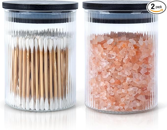 2 Pack Ribbed Glass Qtip Holder Dispenser Set - Apothecary Jars with Lids - Bathroom Canister Storage Organizer and Vanity Makeup Organizer for Cotton Ball, Cotton Swab, Cotton Round Pads,Floss