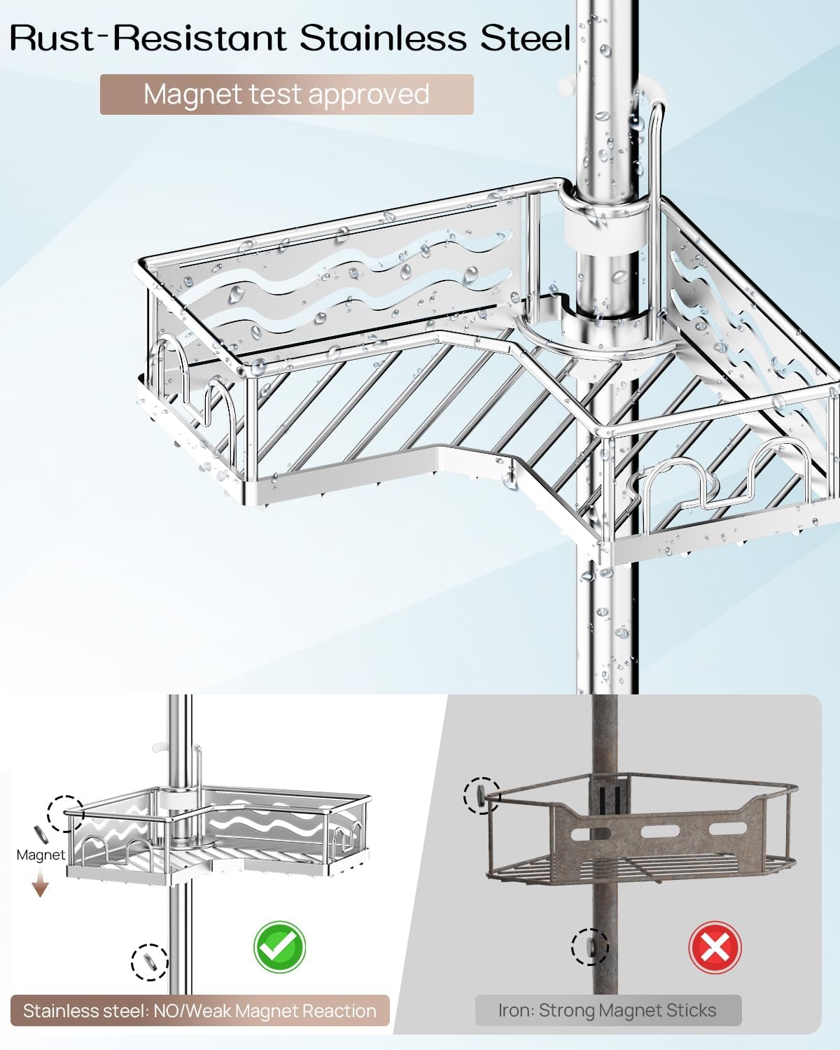 ALLZONE Corner Shower Caddy Tension Pole, Quick to Install, Easy to Adjust, Rust-Free Stainless Steel Shower Organizer Corner and Storage Shelves, Drill Free, Extends from 34 up to 116 Inch Tall