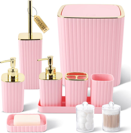 Pink Bathroom Accessories Set - Gorgeous Bathroom Set, 10PC Bathroom Accessory Set, Toilet Brush, Trash Can, Qtip Holder Dispenser & Soap Dispenser