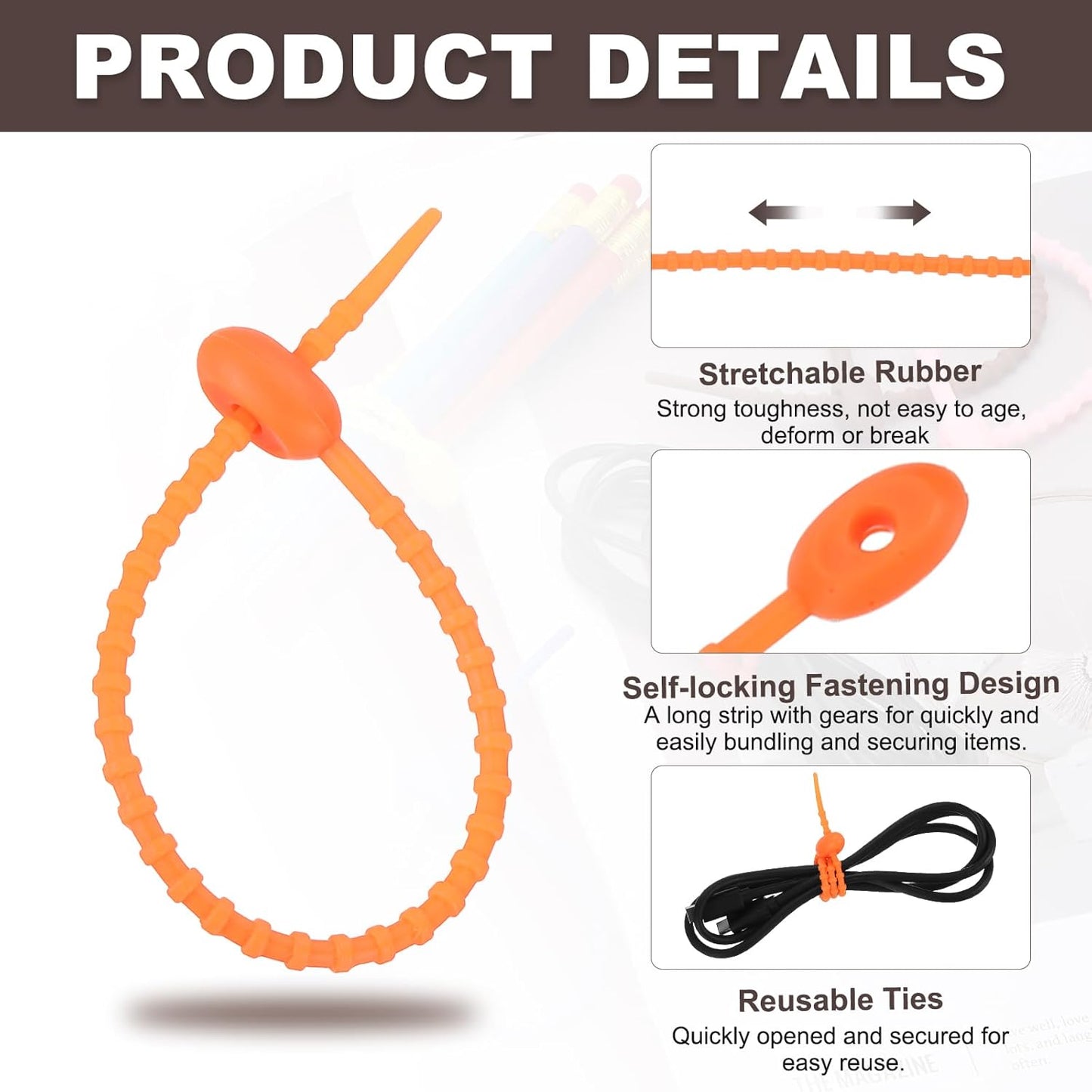 uxcell 20 Pcs Silicone Ties Bag Clip, 8.5 Inch Multi Purpose Silicone Zip Ties Reusable Rubber Zip Tie, Cable Strap Cord Organizer for Home Office Food Bag Wires Cables, Orange Red