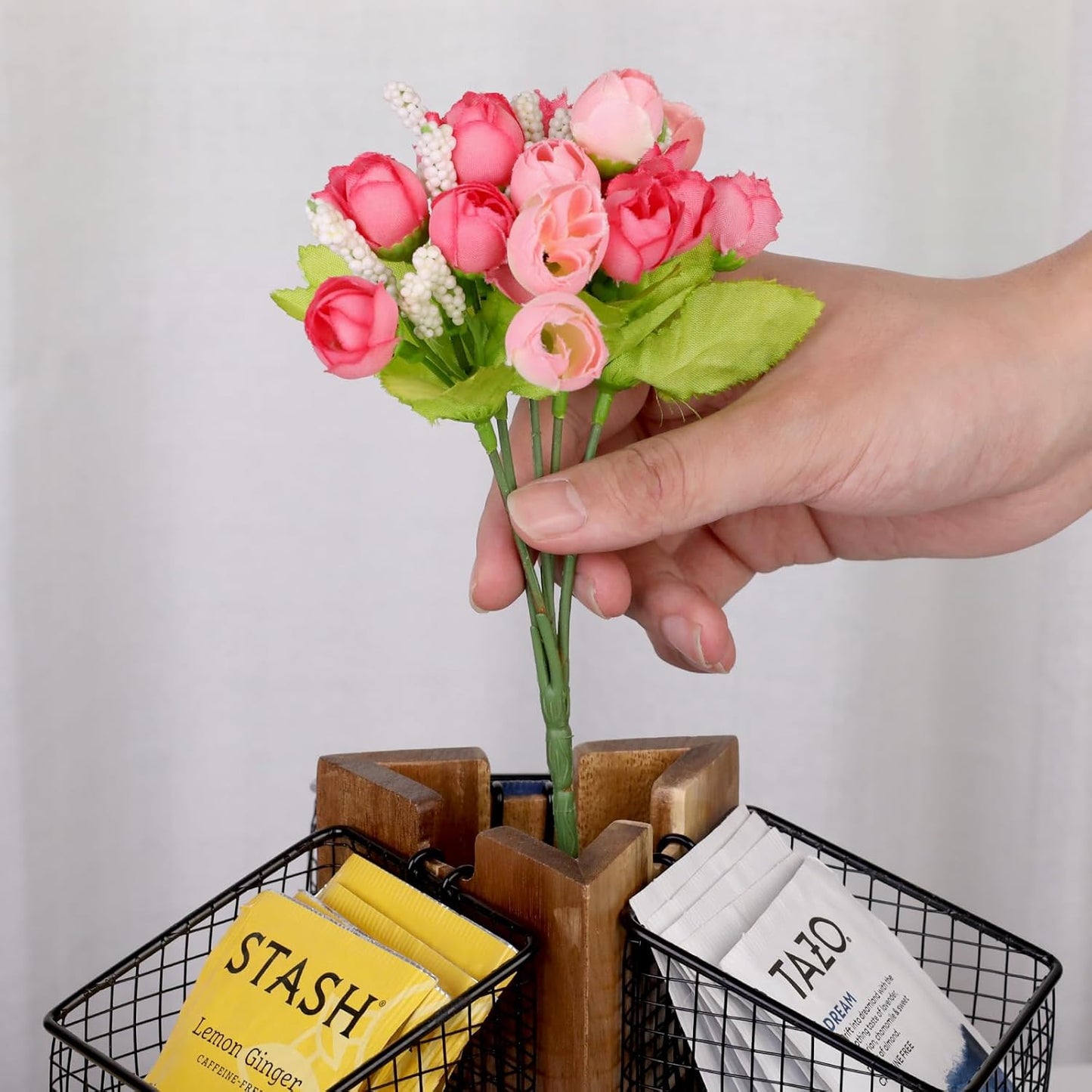 HTB Carousel Tea Bag Organizer for Counter, 2 Tier Tea Bag Holder with 6 Removable Tea Baskets and Acacia Wood Station, Tea Organizers and Storage for Cabinet, Countertop