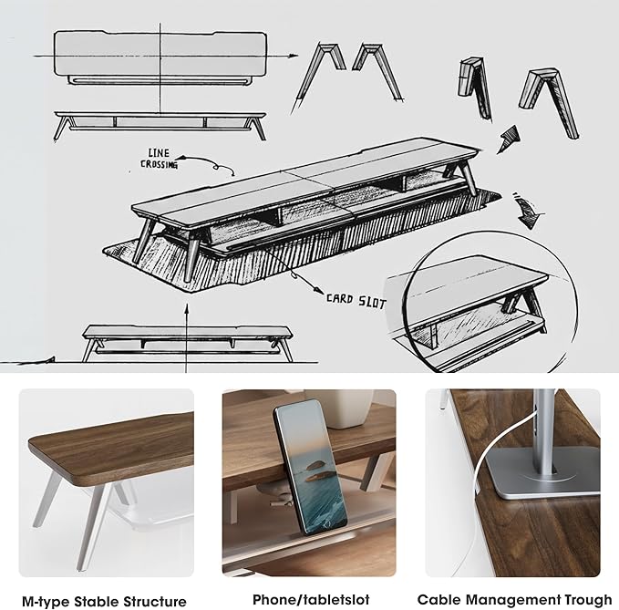 Fenge Dual Monitor Stand, 2 Tiers Acrylic Monitor Riser with LED Lights, 42.5 Inch Wood and Aluminum Desk Shelf with Phone and Tablet Holder
