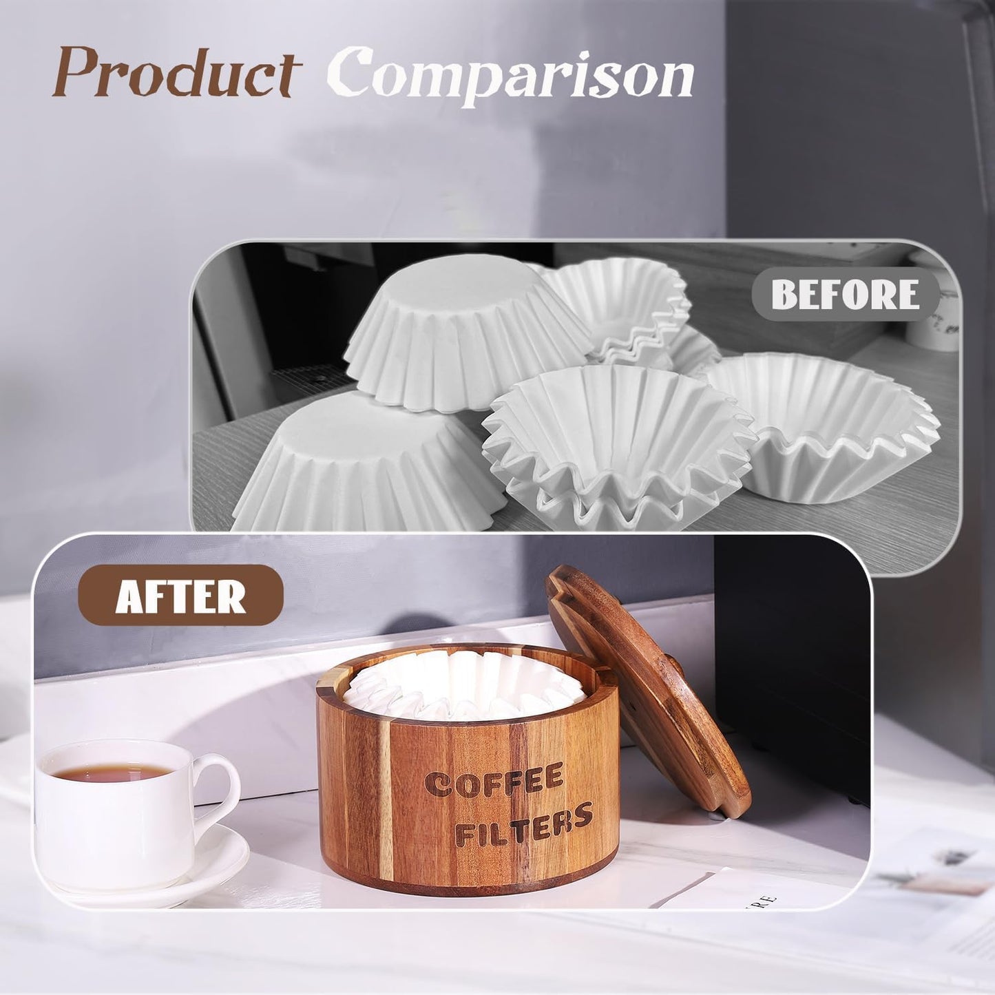 Natural Acacia Wood Coffee Filter Holder with Lid, Multi-Use Countertop Organizer for Coffee Filters, Pods, Beans - Rustic Kitchen Decor