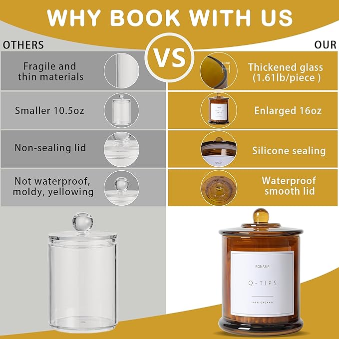 3 Pack Qtip Holder Dispenser, 16oz Bathroom Organizer and Storage Canisters, Glass Apothecary Jars with Lid - Home Decor, Room Decor Aesthetic (Amber)