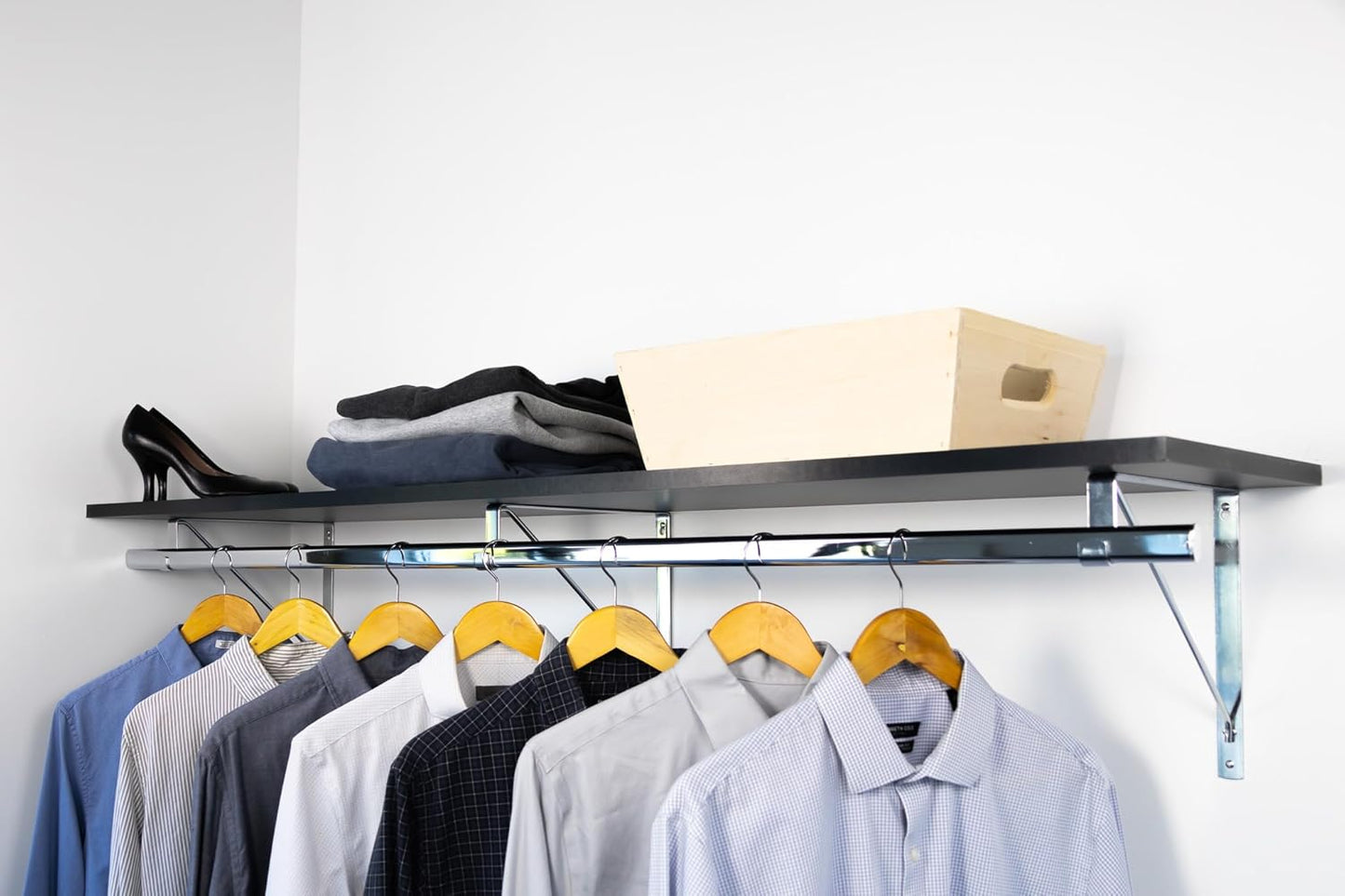 Custom Cut-to-Size Premium Wall-Mounted Shelf with Rod and Bracket Kit. 3/4" Thick Shelves, 14 inches deep. Customize The Length from 16" up to 72".