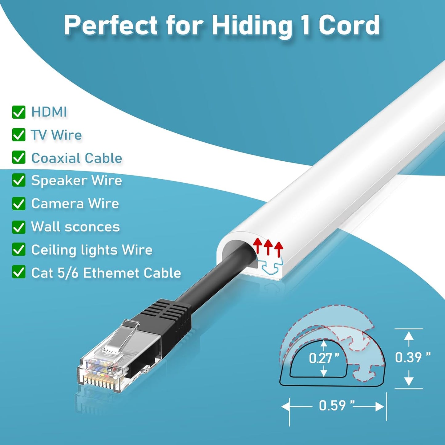 39" Wall Cord Hider, Self Adhesive Silicone Cord Covers for Wires On Wall, Cord Hider for Wall Mount TV, Flexible Cable Cover Raceway Kit for 1 Wire, White (0.59" W x 0.39" H)