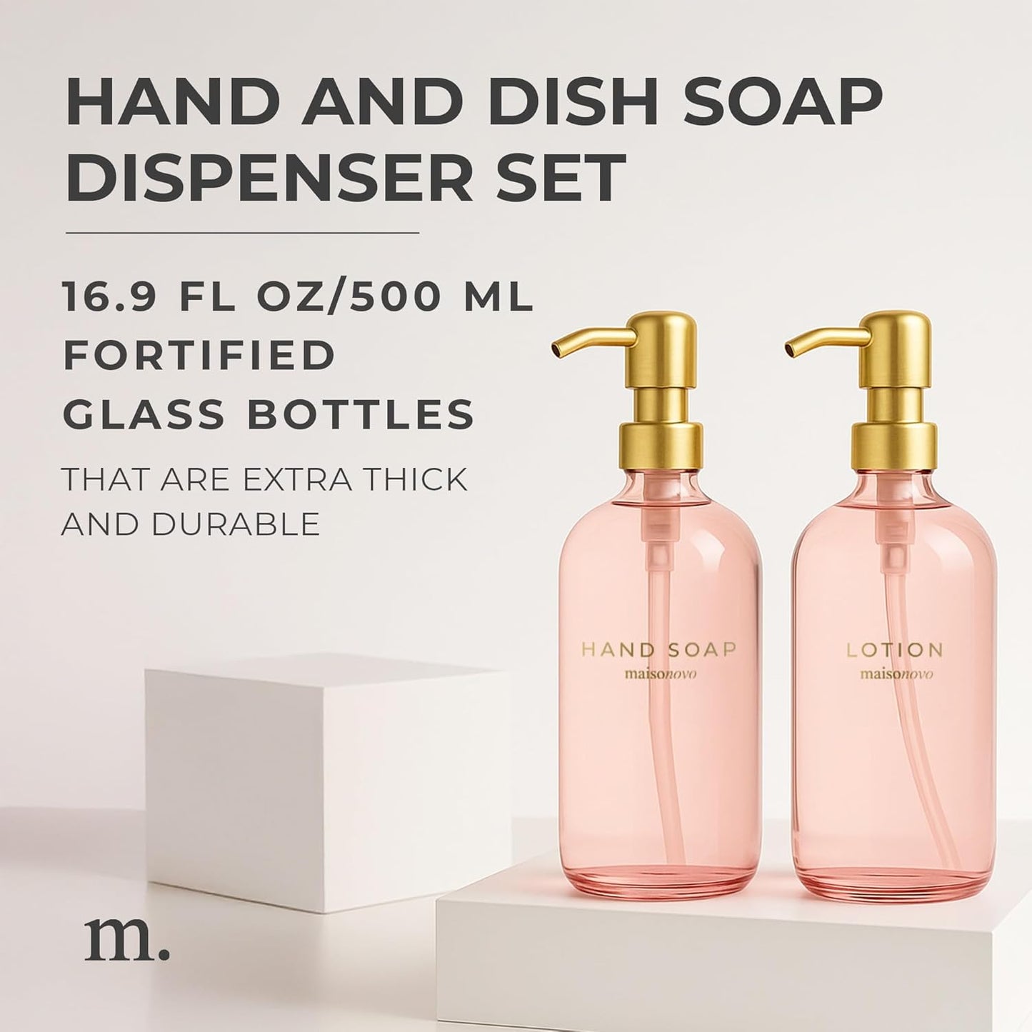 MaisoNovo Soap Dispenser 2-Piece Set | 16.9oz Pink Bottles with Gold Stainless Steel Pumps