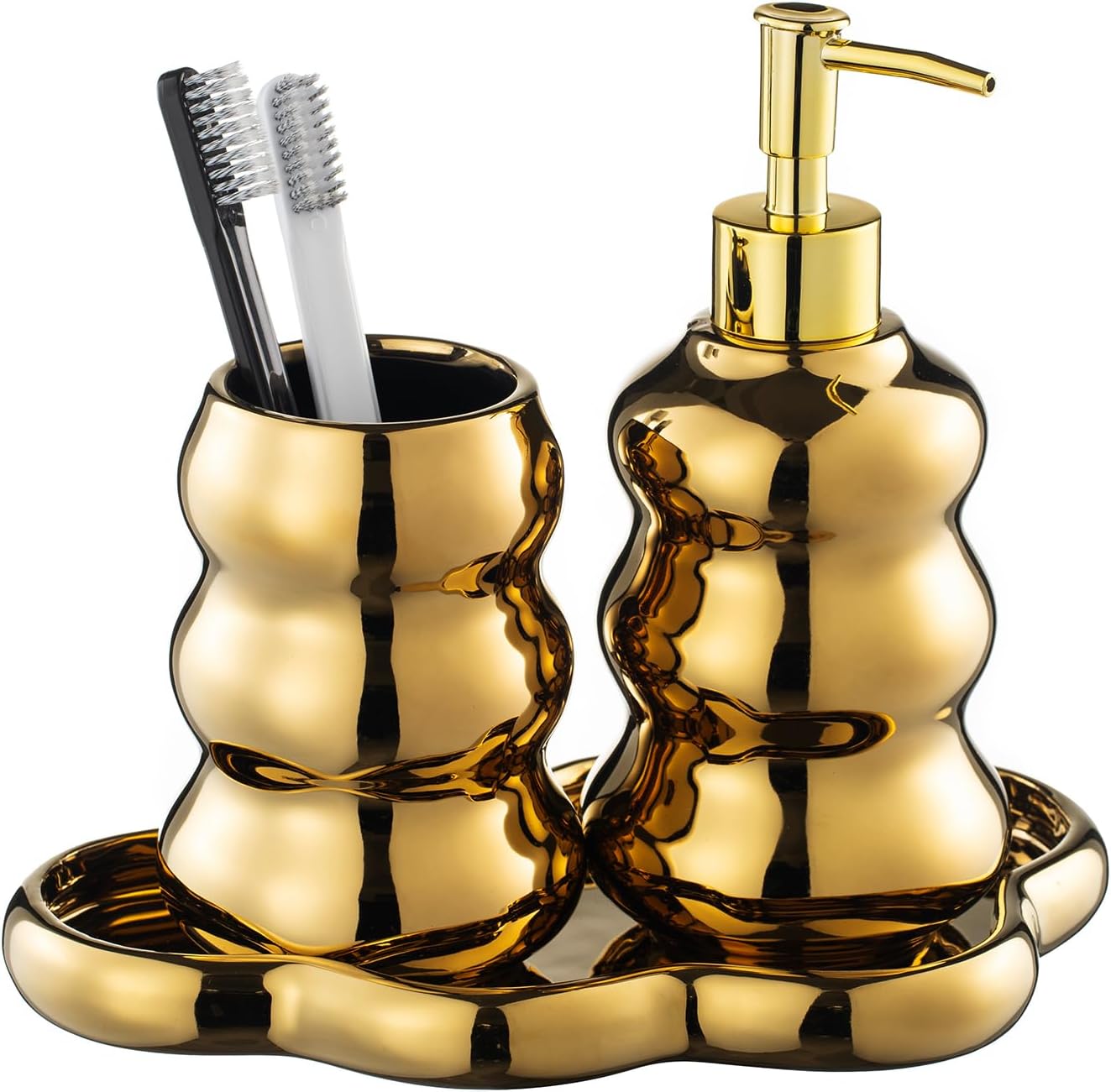 Gold Bathroom Accessory Set, 3-Piece Gold Ceramic Bath Accessories Set with Tray, Lotion Dispenser, and Tumbler for Luxurious Bathroom Decor