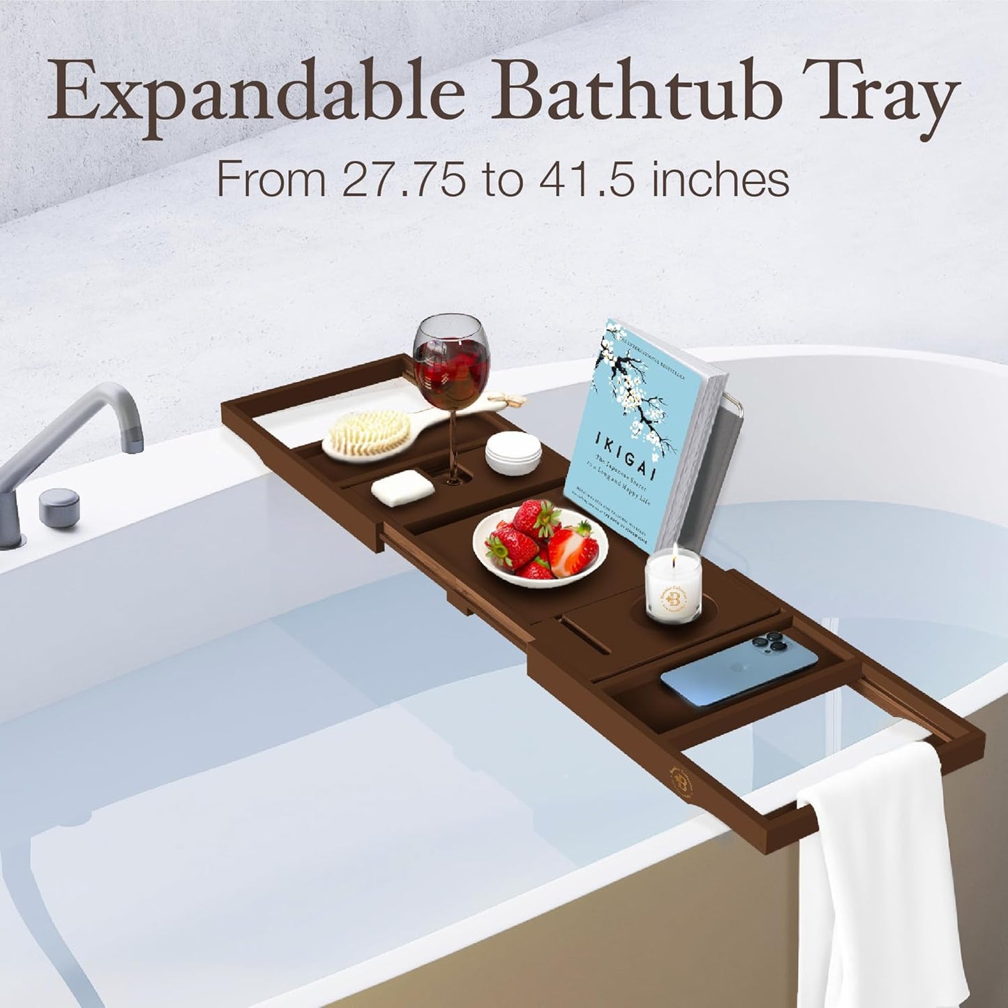 Bathtub Tray - Expandable Brown Bamboo Bath Tray for Tub with Wine Glass Holder, Book & Tablet Stand - Wooden Bathtub Caddy Tray for Bathroom Accessories, Spa Relaxation, Housewarming & Wedding Gift