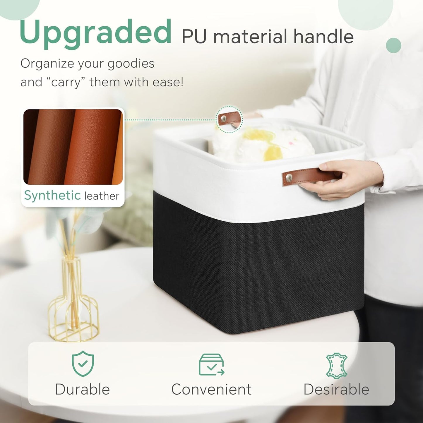 Cube Storage Baskets 6 Pack, 11x11 inch Foldable Cube Storage Bins with Leather Handles for Shelf Closet Nursery Toys (White/ Black)