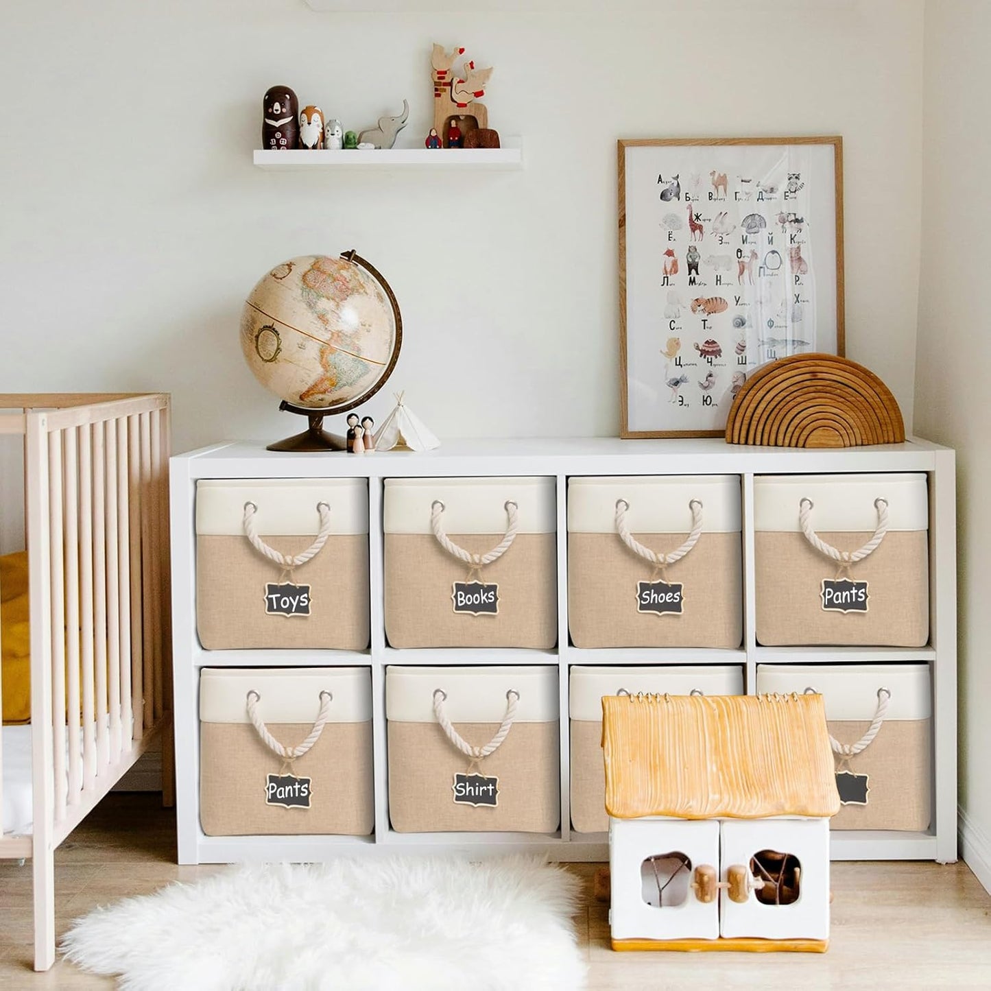 11x11 cube storage bins[6 Pack],Cube Storage Organizer Bins with Rope Handles, Eco-Friendly Linen Collapsible Organizers for Closet, Nursery, Toys, Office, Bathroom – Dual Color Design.(White&Khaki)