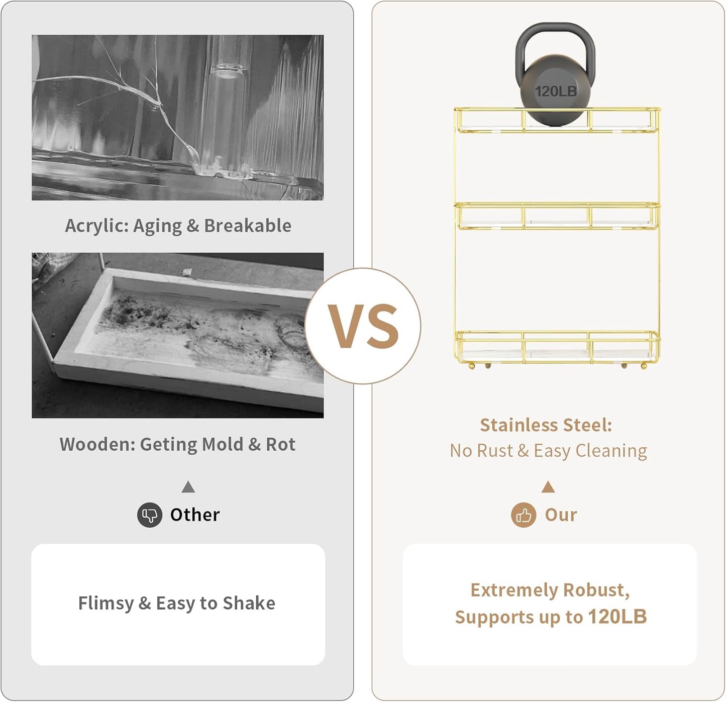 Bathroom Organizer Countertop Perfume Organizer Makeup Organizer Cosmetics Storage Display Rack Vanity Tray Dresser Stainless Steel Gold Shelf White Marble Ceramic Tray