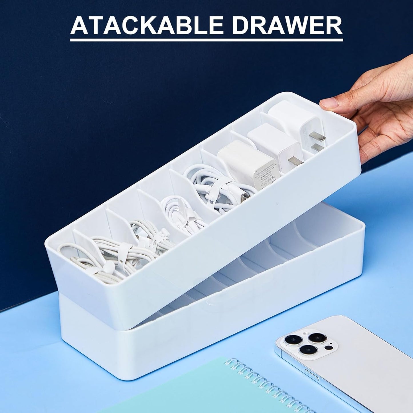 Tatuo 4 Pcs Cable Organizer with 40 Wire Ties, Plastic Cord Storage Charger Box Electronics Organizer with Adjustment Compartments Cable Storage for Drawer Home Office Desk Accessories (White)