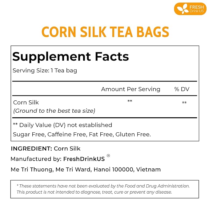 FreshDrinkUS, Premium 135 Tea Bags Corn Silk Tea, 100% Natural & Pure from Corn Silk. Herbal Tea. Clean Ingredients. Made with Natural Material Tea Bags. No Sugar, No Caffeine, Vegan.