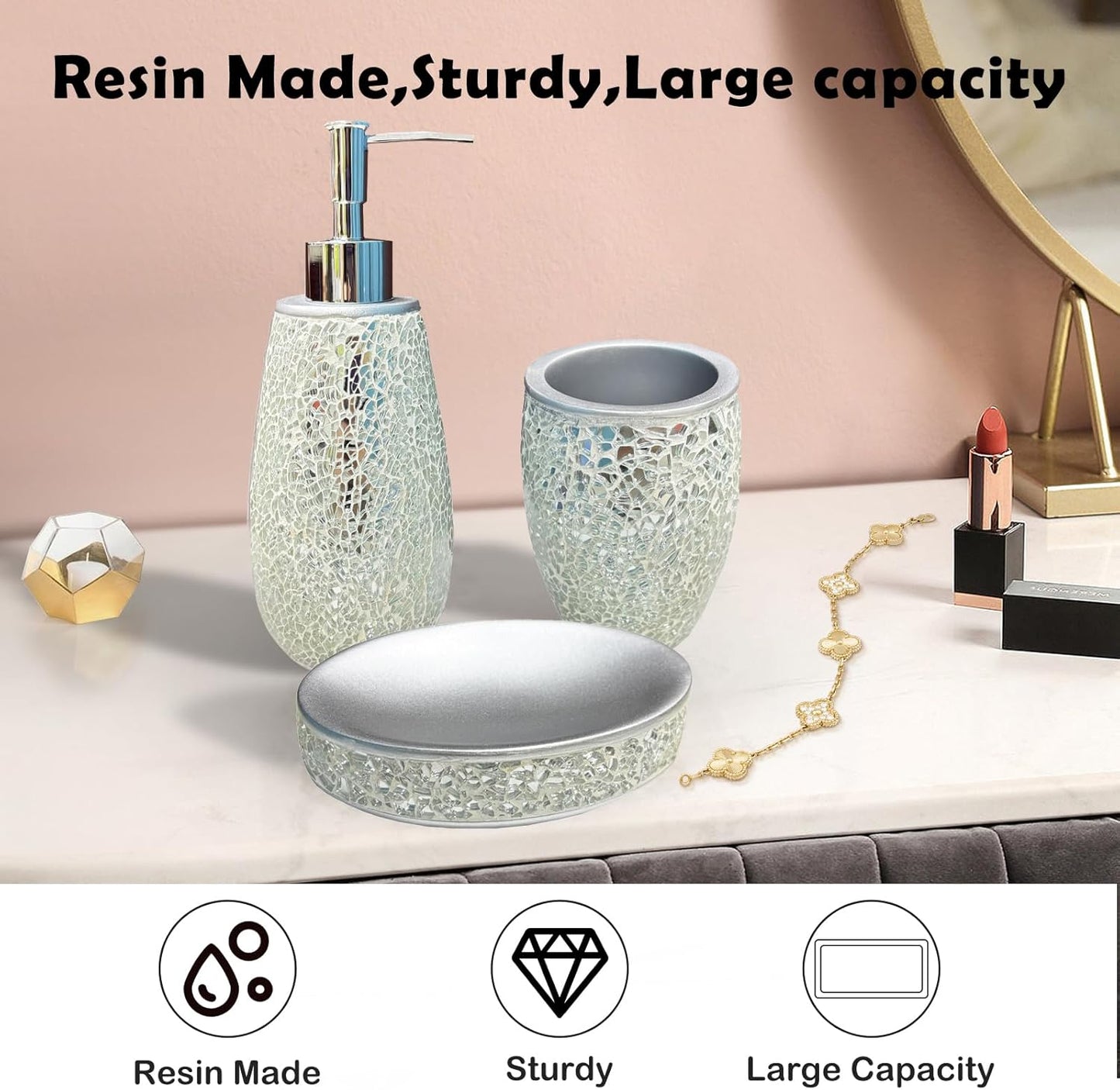Exquisite Silver Glass Sequins Resin Bathroom Accessory Set,4 Pcs - Soap Dish,Lotion Dispenser,Toothbrush Cup,Toilet Brush & Holder,Modern Luxury Bathroom Set