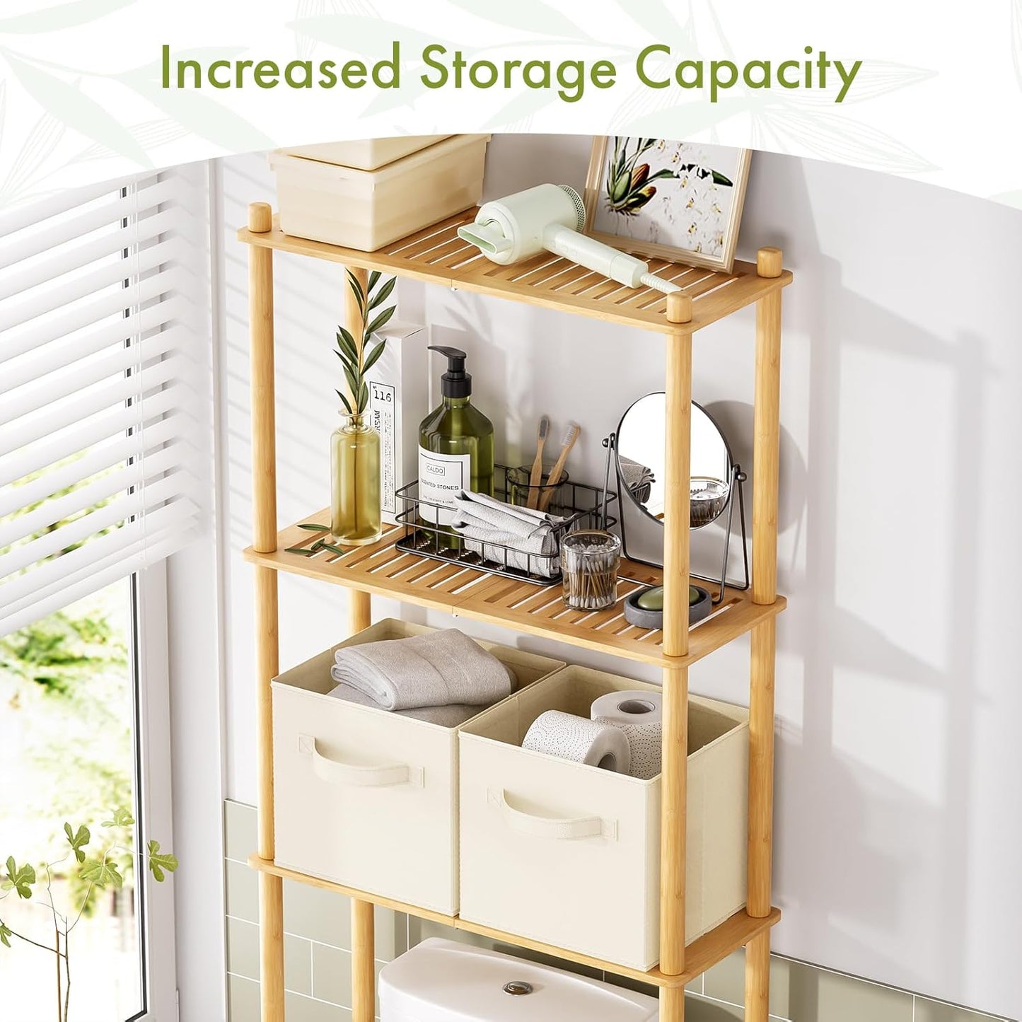 AmazerBath Over The Toilet Storage Bamboo, 3-Tier Over Toilet Organizer Rack with 2 Fabric Storage Bins, Freestanding Toilet Shelf for Bathroom Laundry Space Saver, Natural Color