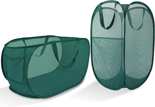 Upgraded Extra Large Mesh Pop Up Laundry Hamper 2 Pack, 100L Foldable Laundry Baskets, Dirty Clothes Hamper with Handles, Collapsible Hampers for Laundry Travel, Dorm or Home. Green