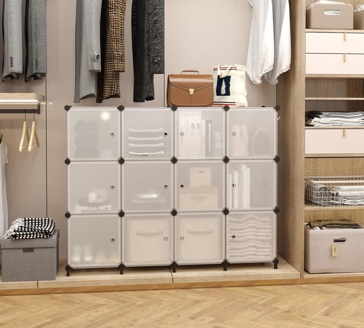 AWTATOS 12 Cube Storage Organizer with Doors, DIY Plastic Closet Shelf, Modular Bookshelf, Stackable Shelving Rack for Bedroom, Living Room, Translucent ULPZ011