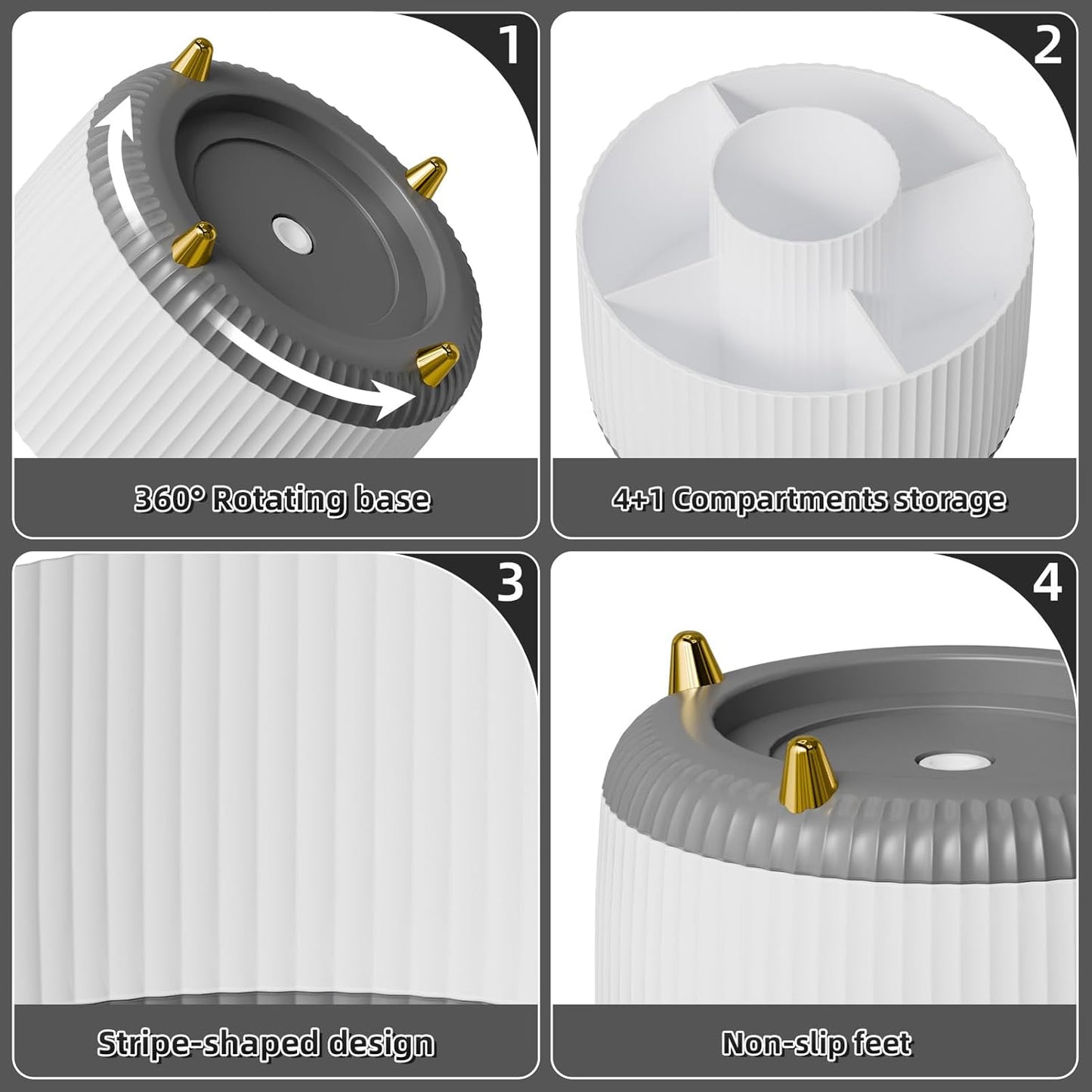 Marbrasse Desk Organizer, 360-Degree Rotating Pen Holder, Desk Organizers and Accessories with 5 Compartments Pencil Holder, Art Supply Storage Box Caddy for Office, Home (White+Grey)