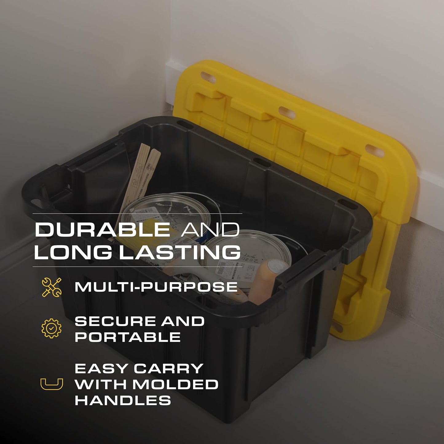 CX BLACK & YELLOW, 12-Gallon Heavy Duty Tough Storage Container & Snap-Tight Lid, (12.51"H x 16.3"W x 21.8"D), Weather-Resistant Design and Stackable Organization Tote [6 Pack]