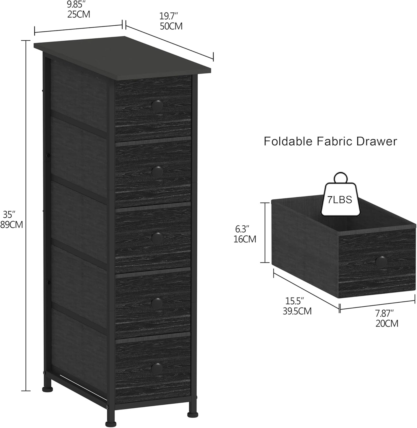 GiftGo Narrow Dresser Vertical Slim Dresser Chest of Drawers Skinny Storage Tower for Small Spaces Gaps Closet Bedroom Bathroom Small Fabric Drawer Unit (Charcoal Black, 5 Drawers)