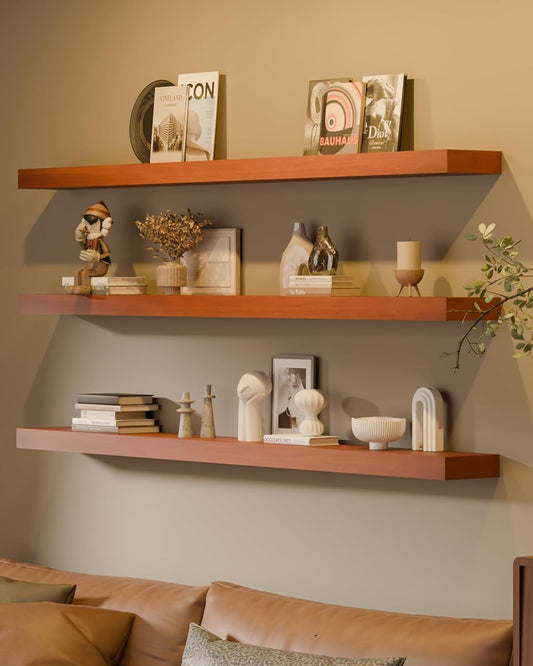 Floating Shelves for Wall, 72 Inch Extra Long Brown Wall Shelves, Set of 3, Hanging Invisible Brackets Floating Shelves for Living Room,Bedroom,and Kitchen (Brown, 3T72IN)